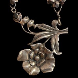 Art Deco Sterling Silver Floral Necklace w Onyx